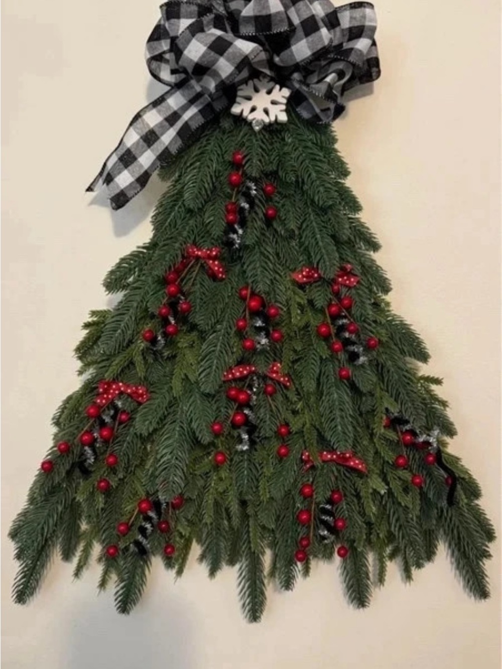 New ~ Crafted Festive Pine Swag with Red Berry Accents and Buffalo Check Bow